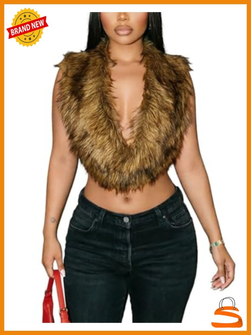 Faux Fur Halter Crop Top Sleeveless Open Back Tie Backless Vest Shaggy Waistcoat